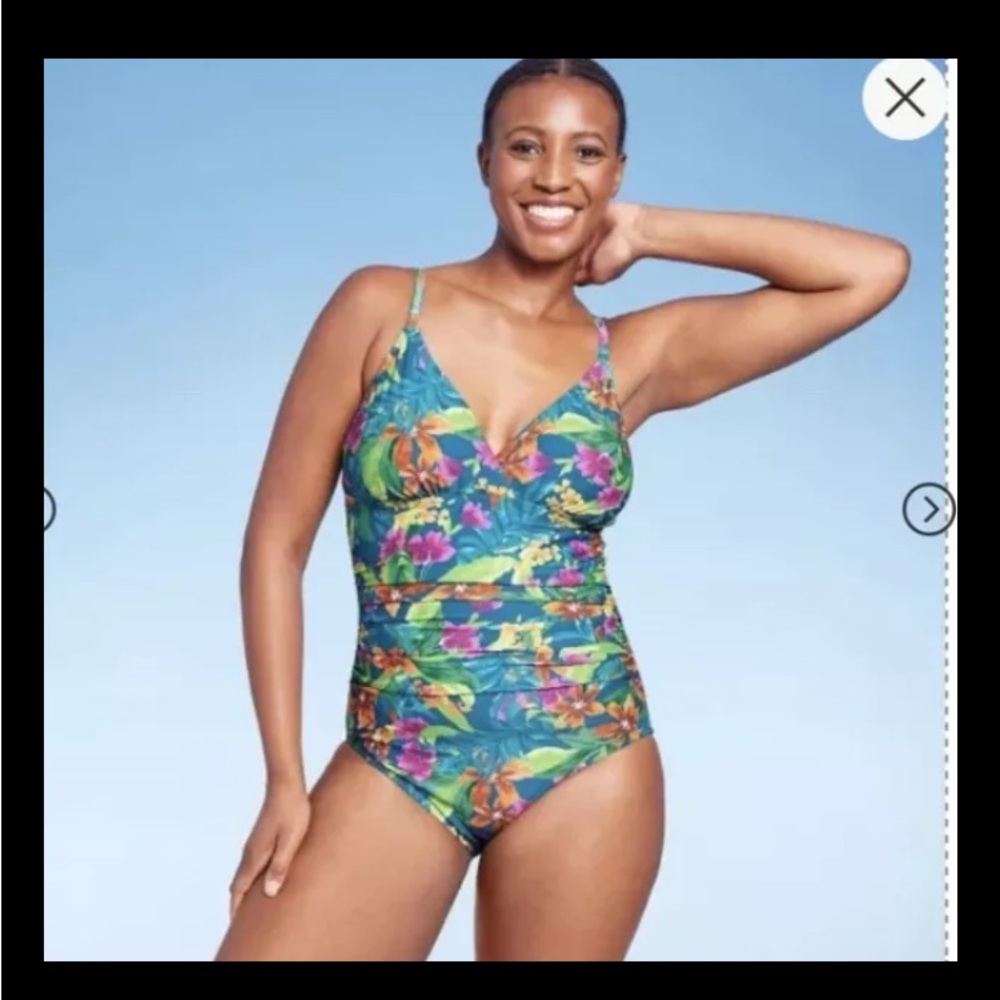 Kona Sol Swimsuit Large 14-16 One Piece Tropical Floral Print Shirred Aqua NWT